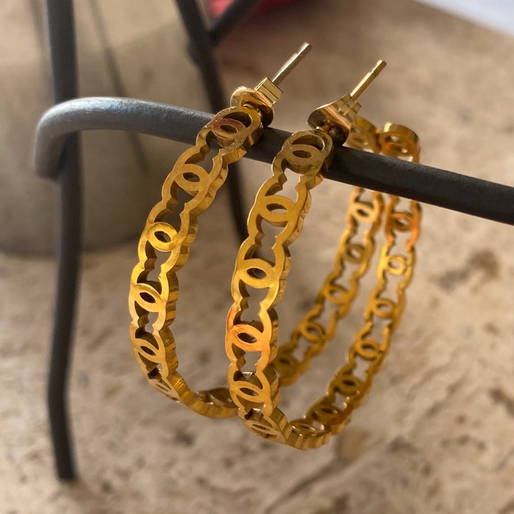 Elegant CC Gold Hoop Earrings 1.5” NEW